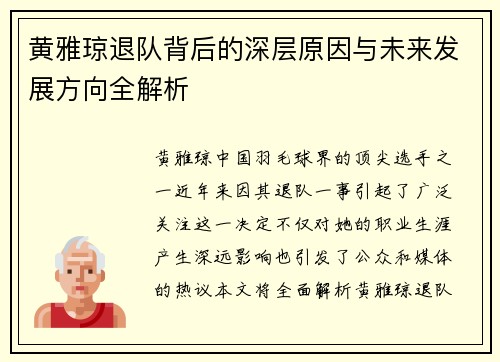黄雅琼退队背后的深层原因与未来发展方向全解析